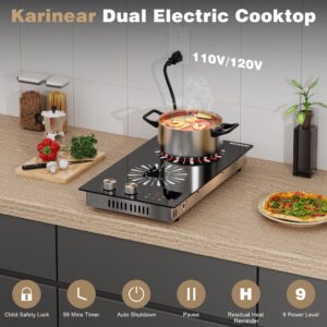 Karinear 110V Electric Cooktop 2 Burners, 12 Inch Electric Stove with Plug in, Countertop & Built-in Ceramic Stove Top, Knob and Sensor Touch Control, Multifunctional Radiant Stove