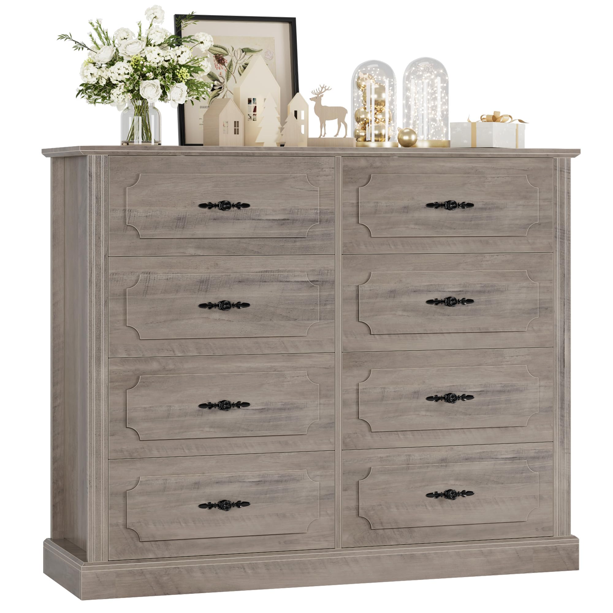 FINETONES Grey Dresser Chest of Drawers, 47.2” Farmhouse Dresser Wood Dresser 8 Drawer Dresser with Steel Handles, Modern Dresser Drawers Floor Storage Cabinet for Living Room Hallway Office