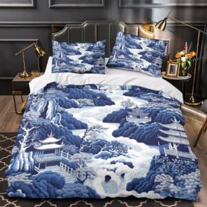 HOUKIG Chinoiserie Blue Bedding Set 3D Printed Comforter Covers Duvet Cover Quilt Cover with Pillowcases 3 Pieces Microfiber for Childrens and Adults with Zipper Closure Queen（228x228cm）