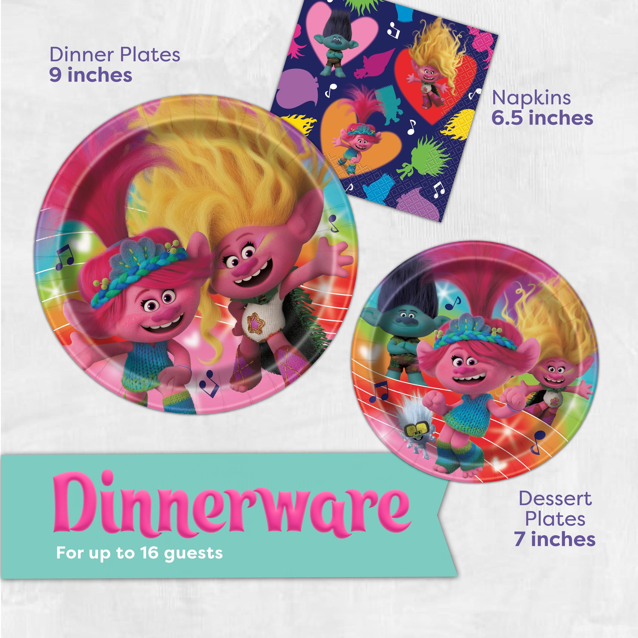 Troll Birthday Party Decorations | Serves 16 Guests | Banner, Tablecloth, Dinner & Cake Plates, Napkins, Sticker