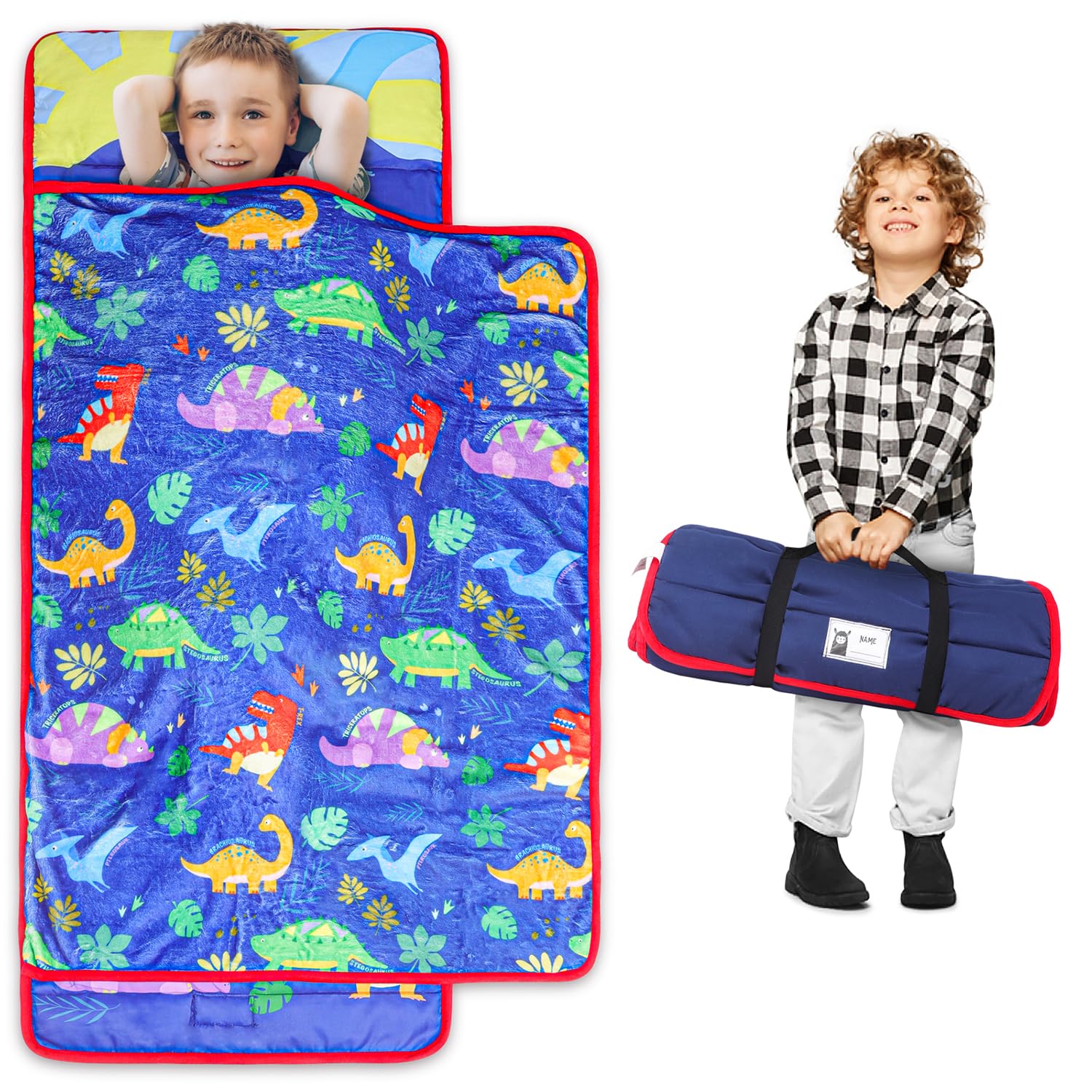 TANOSHII Kids Nap Mat Set 53”x21” – Includes Pillow and Fleece Blanket – Daycare and Preschool Must Haves for Toddlers – Dinosaur Pattern