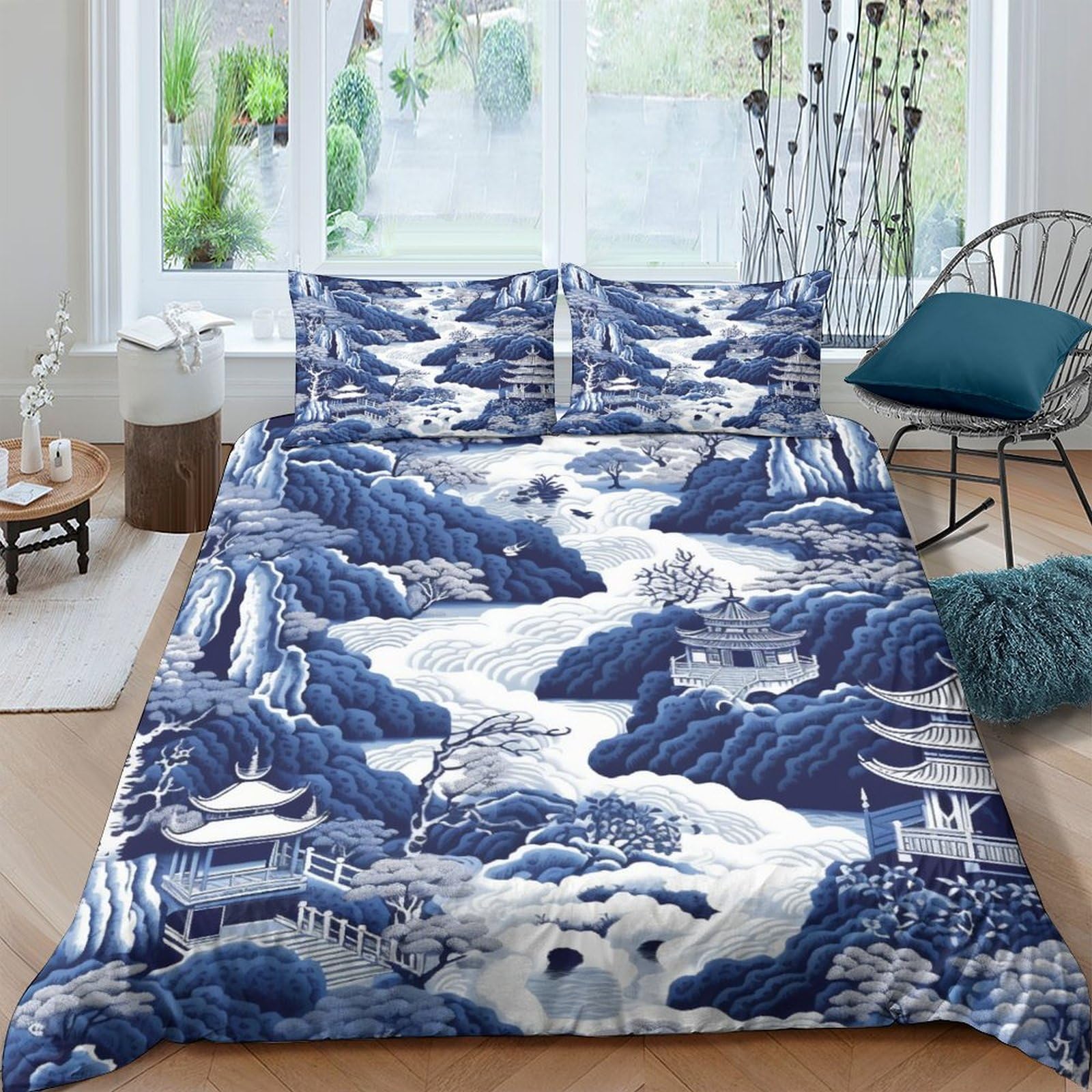 HOUKIG Chinoiserie Blue Bedding Set 3D Printed Comforter Covers Duvet Cover Quilt Cover with Pillowcases 3 Pieces Microfiber for Childrens and Adults with Zipper Closure Queen（228x228cm）