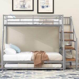 Bellemave Twin Over Full Metal Bunk Beds with Trundle and Storage Staircase,Heavy-Duty Metal Bunk Bed Frame for Kids,Teens,Adults，Space-Saving,Silver