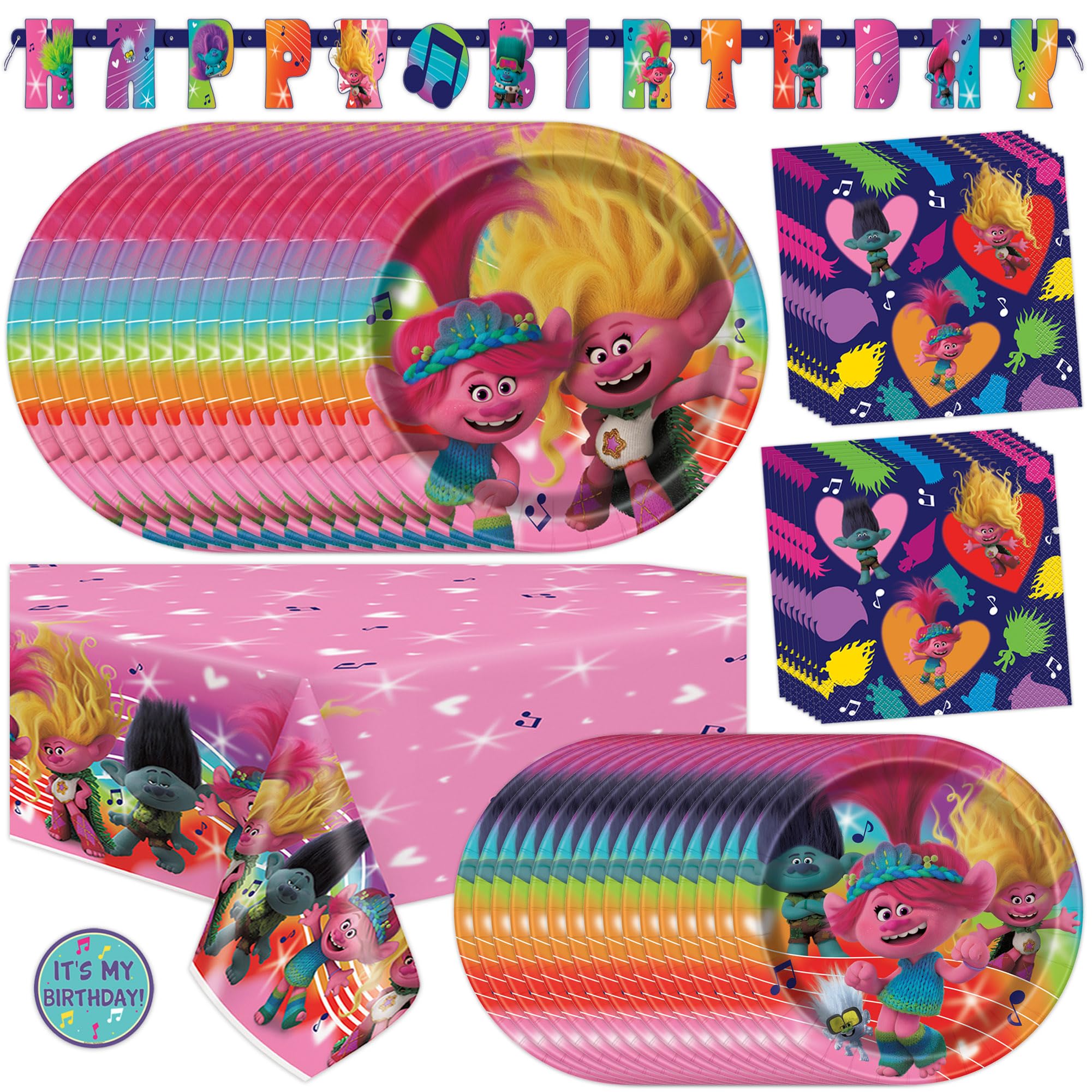 Troll Birthday Party Decorations | Serves 16 Guests | Banner, Tablecloth, Dinner & Cake Plates, Napkins, Sticker