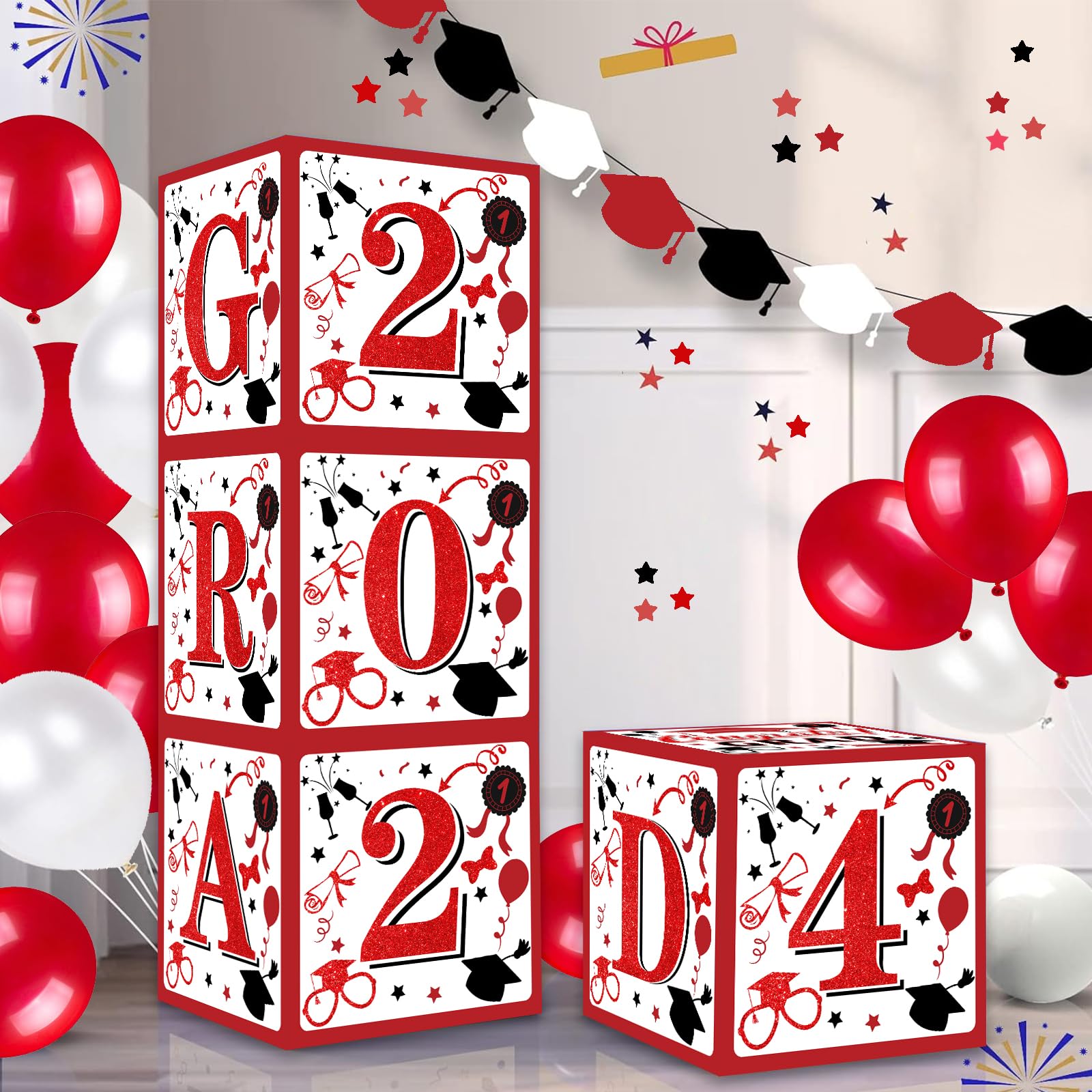 Graduation Party Decorations Class of 2024 Red and Black Graduation Balloon Boxes "Grad 2024" Letters Graduation Decorations Class of 2024 Balloon Boxes (Red)