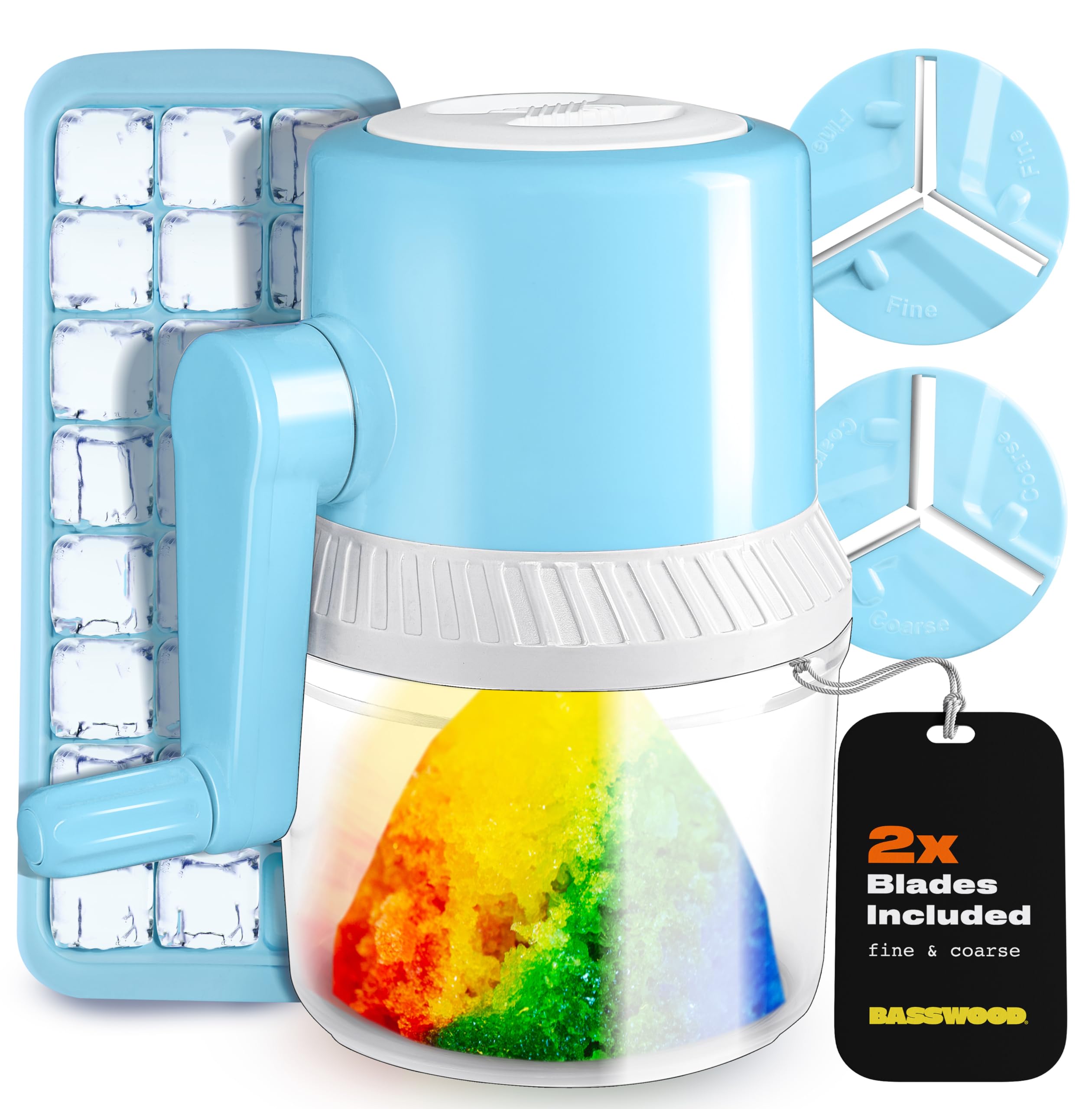 Manual Ice Shaver - Snow Cone Machine with Ice Cube Tray, Stainless Steel Blades, & Large Container - Portable Crushed Ice Machine for Home - Shaved Ice Maker Kit for Kids Snowcones, Slushies & More