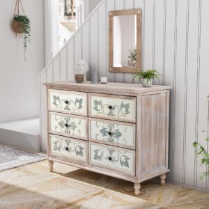 VINGLI 6 Drawer Dresser, Boho Dresser with Carved Flower Pattern Drawers & Solid Wood Leg, Washed White Dresser Chest of Drawers