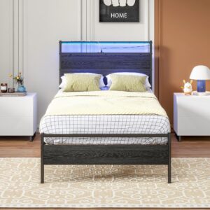 twin bed frame with headboard/led lights,metal bed frame twin size with charging station,twin platform bed frame twin size no box spring needed,beds base,heavy duty metal slats support,no noise,black