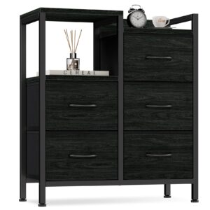 Furnulem Dresser for Bedroom with 5 Fabric Drawers, Vertical Chest of Drawers and Nightstand for Bedroom, Black Furniture with Fabric Drawer Organizer Unit in Living Room,Closet,Entryway,Hallyway