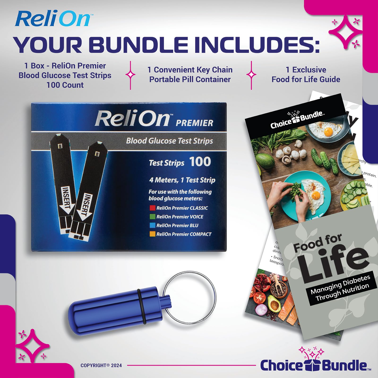 ReliOn Reli On Premier Blood Glucose Test Strips 100 Ct Choice Bundle | Includes Food for Life Guide & Portable Pill Container (3 Items)!