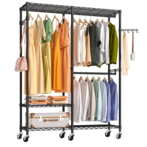 exglobol rolling clothes rack, heavy duty garment rack for hanging clothes, wire adjustable rolling clothing rack with lockable wheels & 2 hanger rods