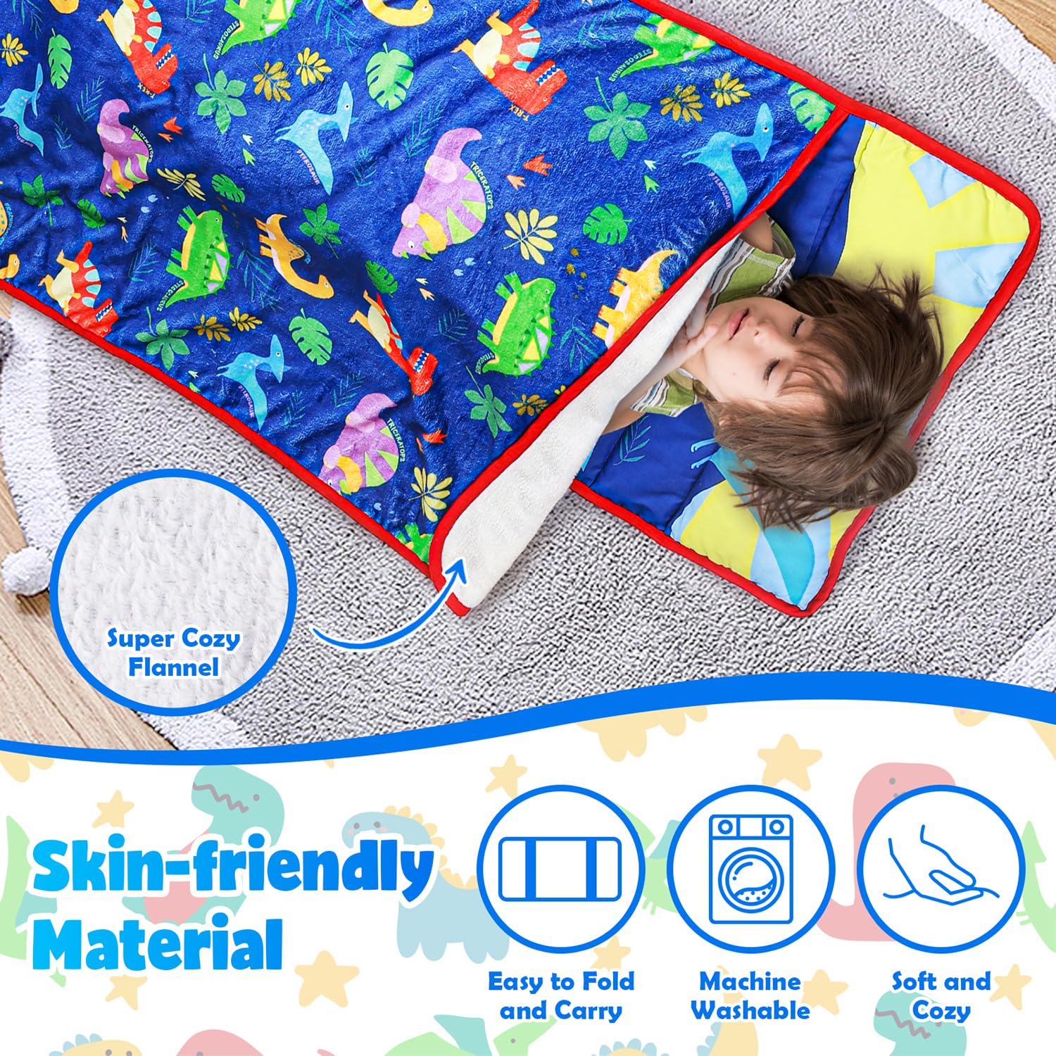 TANOSHII Kids Nap Mat Set 53”x21” – Includes Pillow and Fleece Blanket – Daycare and Preschool Must Haves for Toddlers – Dinosaur Pattern