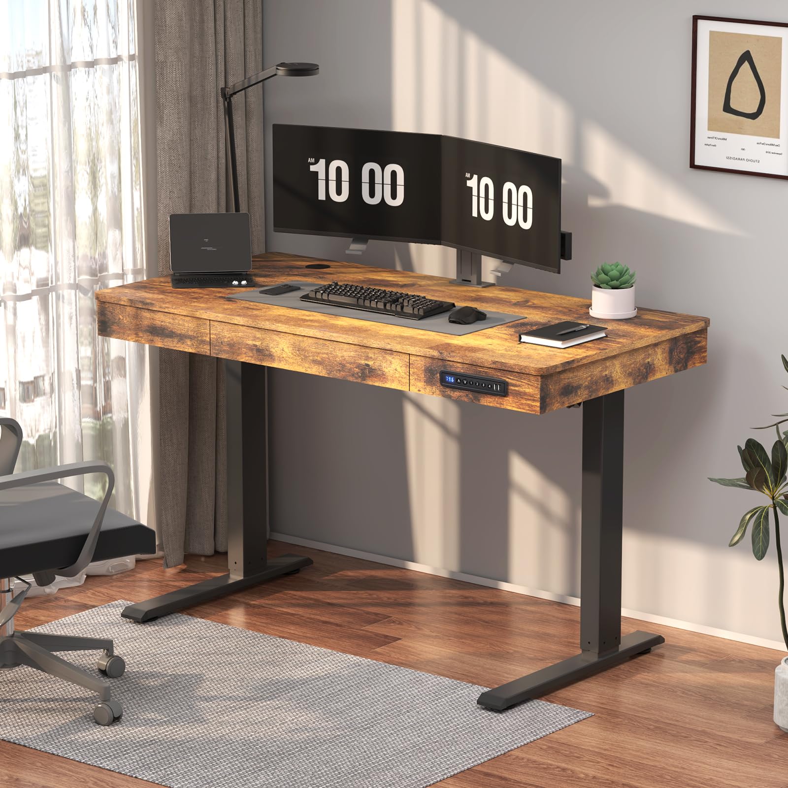 AIMEZO 55'' Standing Desk with Drawers Stand Up Electric Standing Desk Adjustable Height, Sit Stand Desk Computer Workstation with Storage, USB Charging, Computer Desk for Home Office,Rustic Brown