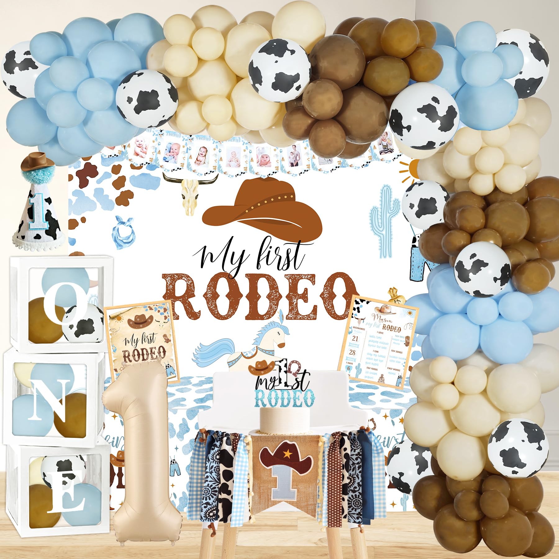 YJDFWAUT Cowboy 1st Birthday Party Decorations, My First Rodeo Birthday Party Supplies, Cowboy 1st Birthday Balloon Arch Balloon Box Photo Banner Highchair Banner Crown foy Baby Boy 1st Birthday