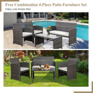 JAMFLY 4 Piece Patio Furniture Set, Outdoor Furniture Set Patio Wicker Conversation Set with Cushions and Tempered Glass Tabletop for Lawn Backyard Pool Garden