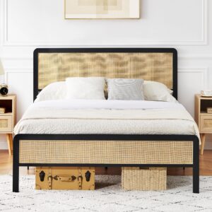 coucheta queen rattan bed frame, queen boho bed frame with curved natural rattan headboard, no box spring needed/mattress foundation/easy assembly/metal slat support/bohemian style