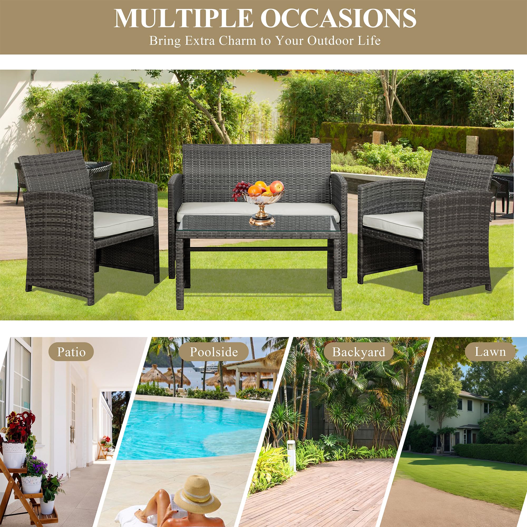 JAMFLY 4 Piece Patio Furniture Set, Outdoor Furniture Set Patio Wicker Conversation Set with Cushions and Tempered Glass Tabletop for Lawn Backyard Pool Garden