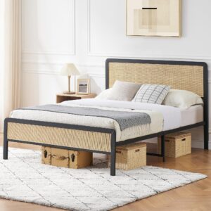 coucheta Queen Rattan Bed Frame, Queen Boho Bed Frame with Curved Natural Rattan Headboard, No Box Spring Needed/Mattress Foundation/Easy Assembly/Metal Slat Support/Bohemian Style