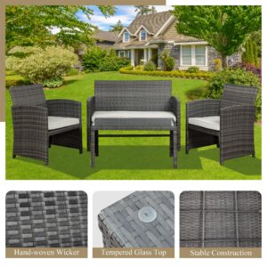 JAMFLY 4 Piece Patio Furniture Set, Outdoor Furniture Set Patio Wicker Conversation Set with Cushions and Tempered Glass Tabletop for Lawn Backyard Pool Garden