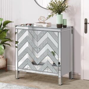 LUMISOL Silver Mirrored Cabinet, Modern Sideboard Cabinet for Entryway Living Room, Floor Cabinet with Crystal Design Handle, Accent Cabinet, Silver White