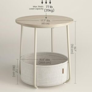 VASAGLE End Table, Small Bedside Table with Fabric Basket, Modern Nightstand, Round Side Table, for Living Room, Bedroom, Cream White ULET223K67