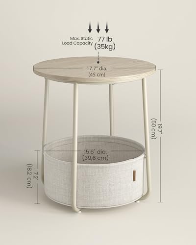 VASAGLE End Table, Small Bedside Table with Fabric Basket, Modern Nightstand, Round Side Table, for Living Room, Bedroom, Cream White ULET223K67