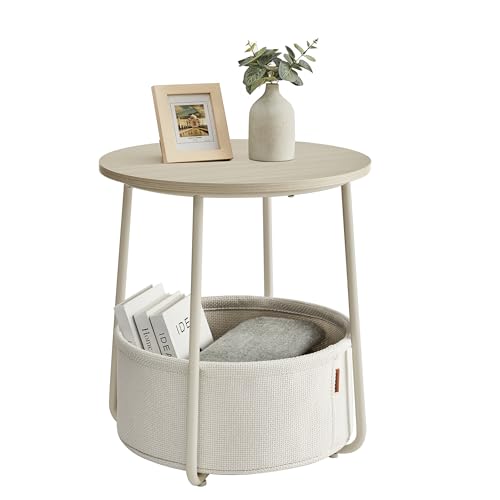 VASAGLE End Table, Small Bedside Table with Fabric Basket, Modern Nightstand, Round Side Table, for Living Room, Bedroom, Cream White ULET223K67