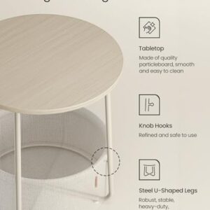 VASAGLE End Table, Small Bedside Table with Fabric Basket, Modern Nightstand, Round Side Table, for Living Room, Bedroom, Cream White ULET223K67