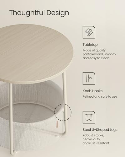 VASAGLE End Table, Small Bedside Table with Fabric Basket, Modern Nightstand, Round Side Table, for Living Room, Bedroom, Cream White ULET223K67