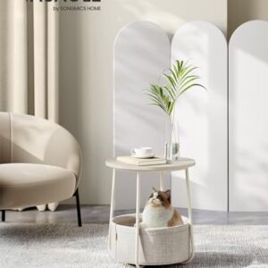 VASAGLE End Table, Small Bedside Table with Fabric Basket, Modern Nightstand, Round Side Table, for Living Room, Bedroom, Cream White ULET223K67