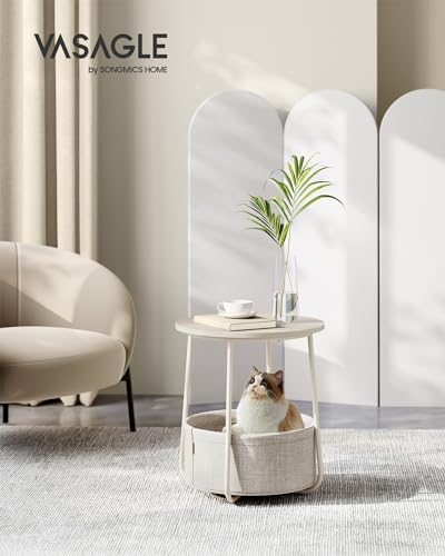 VASAGLE End Table, Small Bedside Table with Fabric Basket, Modern Nightstand, Round Side Table, for Living Room, Bedroom, Cream White ULET223K67