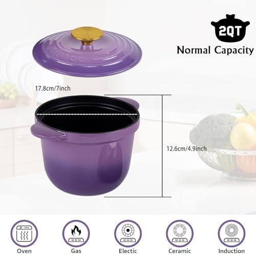 AILIBOO 2 Quart Dutch Oven Pot with Lid – Dual Handles,for No Knead Bread Baking, Sourdough Loaf, Non-Coated & Non-Toxic Ceramic Small Bread Oven Pan-purple