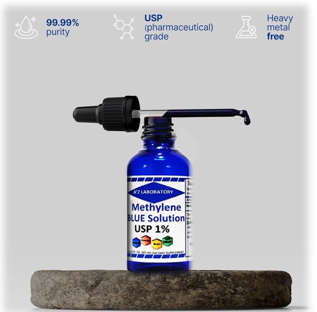 Methylene Blue 1% A2Z Laboratory | USP-Grade Methylthioninium Chloride Liquid | High Purity Dietary Supplement for Brain Function & Cognitive Health | No Formaldehyde (1) 50ml Glass Dropper Bottle