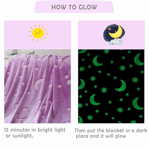 Niopos Glow in The Dark Purple Blanket for Girls 3 4 5 6 7 8 9 10 11 12 Year Old Birthday Gifts Star Moon Purple Throw Blanket for Girls Women 40x60 Inch