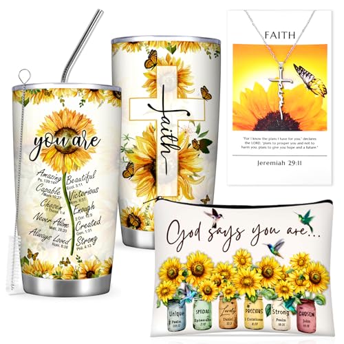 Christian Gifts For Women Faith, Sunflower Gifts For Women - Religious Inspirational Bible Verse Tumbler For Christmas Gifts, Cross Necklace for Friends, Mom, Aunt, Birthday Catholic Spiritual Gifts