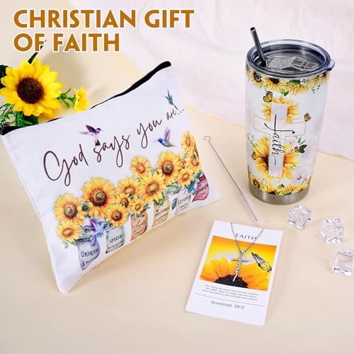 Christian Gifts For Women Faith, Sunflower Gifts For Women - Religious Inspirational Bible Verse Tumbler For Christmas Gifts, Cross Necklace for Friends, Mom, Aunt, Birthday Catholic Spiritual Gifts