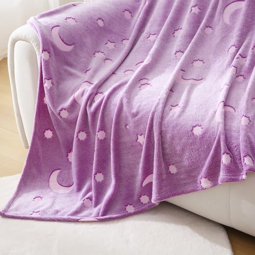 Niopos Glow in The Dark Purple Blanket for Girls 3 4 5 6 7 8 9 10 11 12 Year Old Birthday Gifts Star Moon Purple Throw Blanket for Girls Women 40x60 Inch