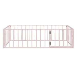 Acosure Twin Size Metal Floor Bed Frame with Fence and Door, Versatile Montessori Beds,No Box Spring Needed,Easy to Install,for Kids,Boys,Girls,Pink