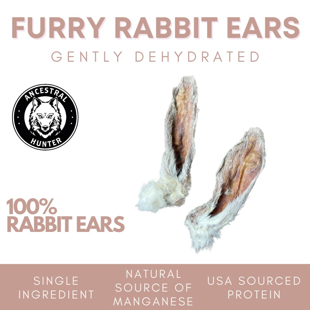 Dehydrated Rabbit Ears for Dogs & Cats - Furry Rabbit Ear Dog Treats - USA Sourced Whole Rabbit Ears with Fur for Dogs - Rawhide Alternative - 100% Single Ingredient Furry Rabbit Ears (6 Count)