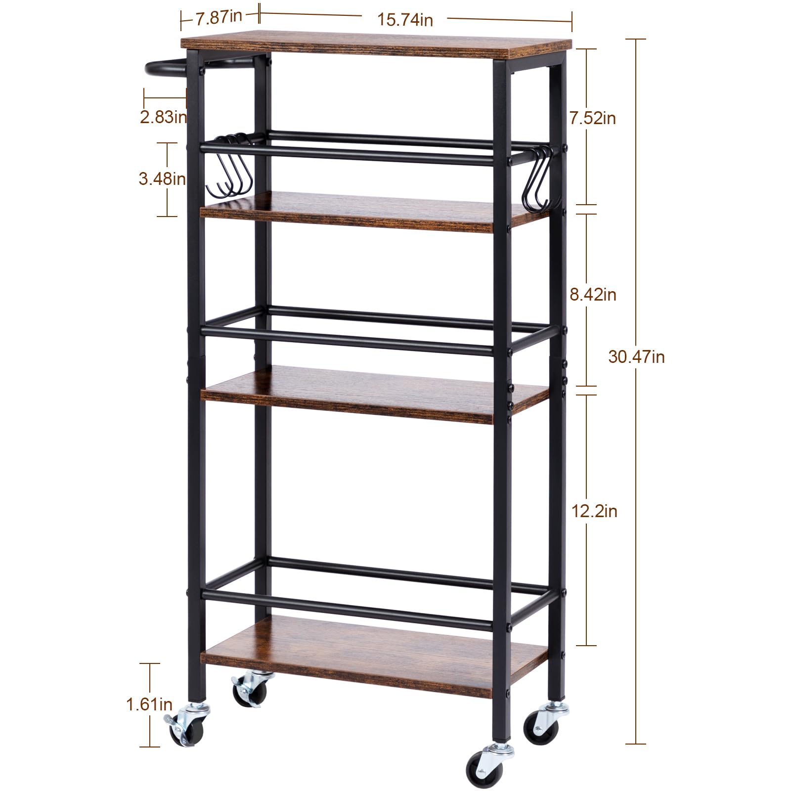 LOAKEKEL Slim Rolling Cart, 4-Tier Storage Cart on Wheels, Narrow Kitchen Cart with 6 Hooks for Small Spaces, 7.87" Deep, Mobile Shelving Unit Utility Cart for Dining Room, Bathroom, Brown HKC04BR-1