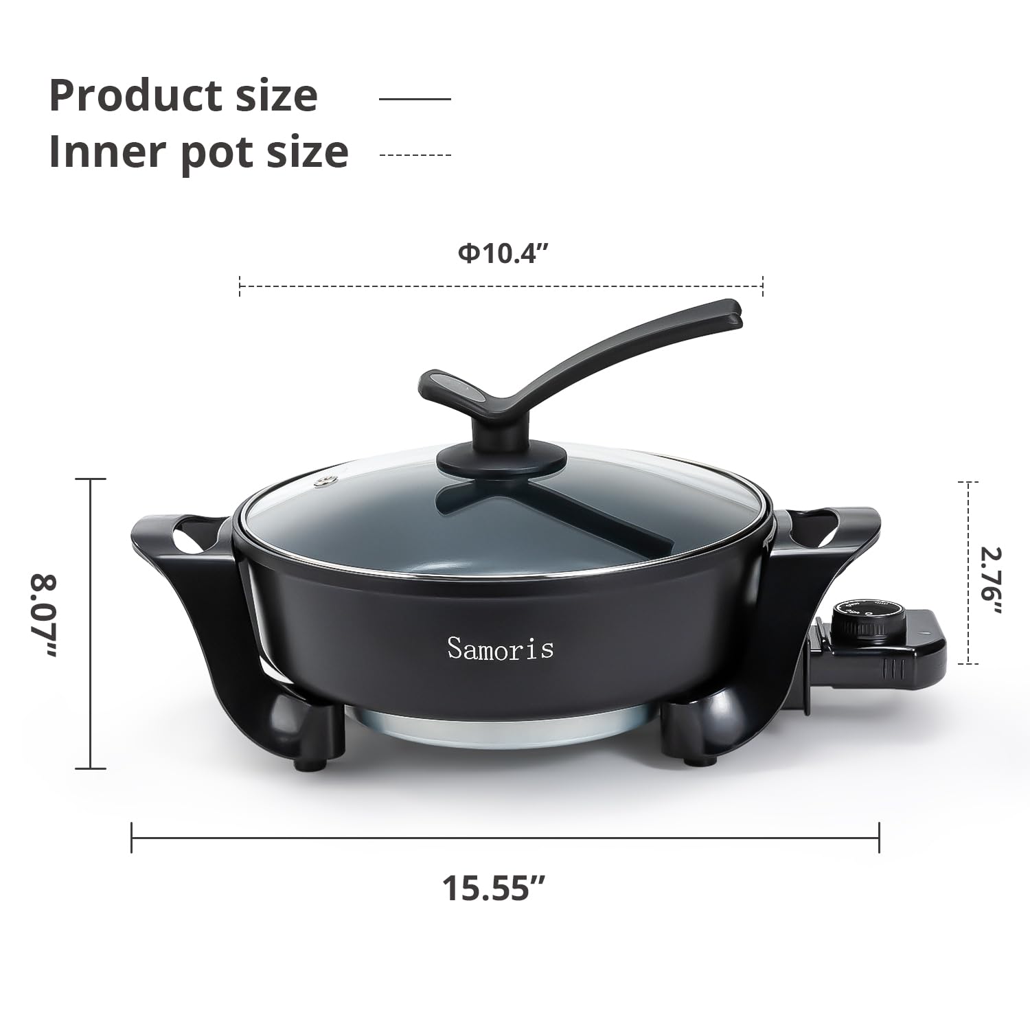 Samoris Electric Skillet with lid 3 Quart 10 Inch Round Cooker with Nonstick Coating,Electric Hot Pots and Frying Pan,Adjustable Temperature, Tempered Glass Lid with Vent, 1200W,Black