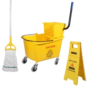 midoneat side press wringer combo commercial mop bucket on wheels, 35 quart,yellow, including wet floor caution sign（24inch） and one industrail mop