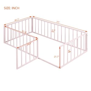 Acosure Twin Size Metal Floor Bed Frame with Fence and Door, Versatile Montessori Beds,No Box Spring Needed,Easy to Install,for Kids,Boys,Girls,Pink