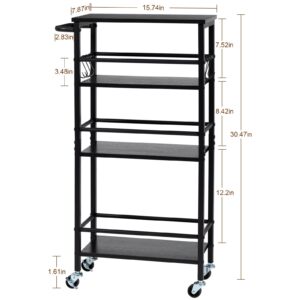 LOAKEKEL Slim Rolling Cart, 4-Tier Storage Cart on Wheels, Narrow Kitchen Cart with 6 Hooks for Small Spaces, 7.87" Deep, Mobile Shelving Unit Utility Cart for Dining Room, Bathroom, Black HKC04BK-1