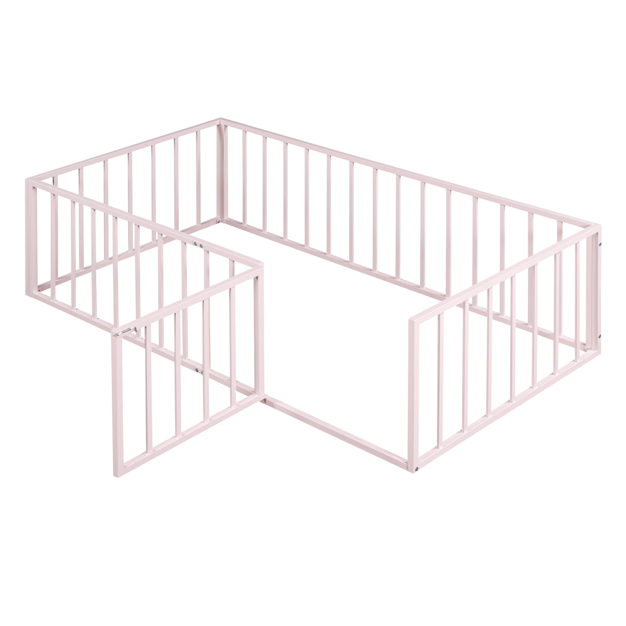 Acosure Twin Size Metal Floor Bed Frame with Fence and Door, Versatile Montessori Beds,No Box Spring Needed,Easy to Install,for Kids,Boys,Girls,Pink