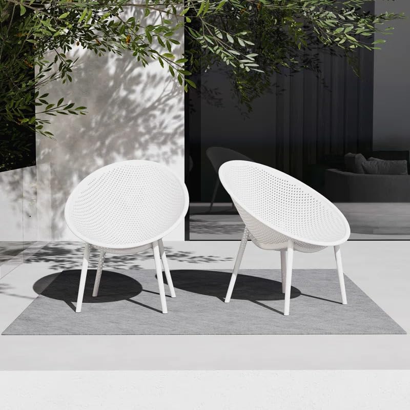 2xhome Set of 2 Modern Oval Chairs, Contemporary Accent Lounge Chairs with Perforated Breathable Egg Shaped Pod Seat for Kitchen, Dining, Patio, Indoor, Outdoor, White