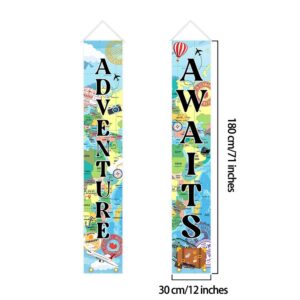 Avezano Adventure Awaits Porch Sign Travel Theme Adventure Party Banner Travel Bon Voyage Door Banner for Indoor Outdoor Retirement Graduation Wedding Baby Shower Decorations