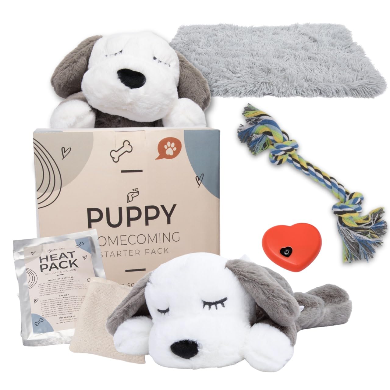 LUNA + RUFUS Heartbeat Puppy for Dogs with Blanket, Heat Packs and Chew Toy - Pet Anxiety Relief and Calming Sleep Aid - Perfect Dog Stuffed Animal for Behavioral Crate Training - Dog Toys