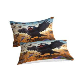 ESSAHI Raven 3D Printed Crow Bedding Set Comforter Covers Quilt Cover Duvet Cover with Pillowcases for Childrens and Adults Microfiber 3 Pieces with Zipper Closure Queen（228x228cm）