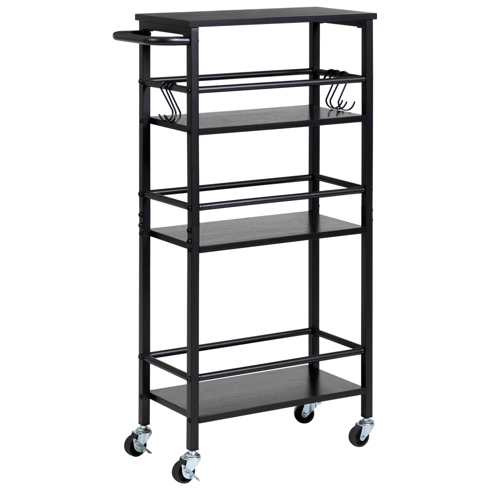 LOAKEKEL Slim Rolling Cart, 4-Tier Storage Cart on Wheels, Narrow Kitchen Cart with 6 Hooks for Small Spaces, 7.87" Deep, Mobile Shelving Unit Utility Cart for Dining Room, Bathroom, Black HKC04BK-1